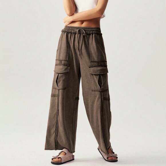 Coffee Brown Casual Women's Vacation Knit 3d Pocket Wide Leg Pants - Picture 6 of 8